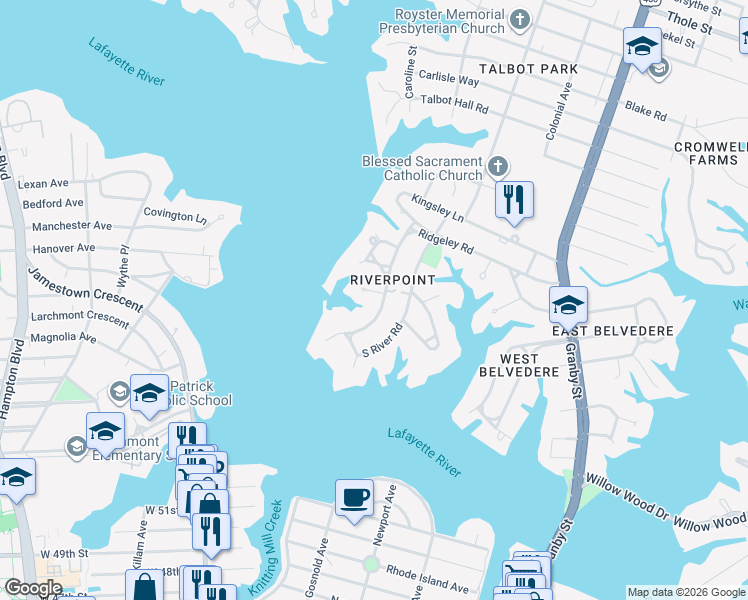 map of restaurants, bars, coffee shops, grocery stores, and more near 6041 River Road Point in Norfolk