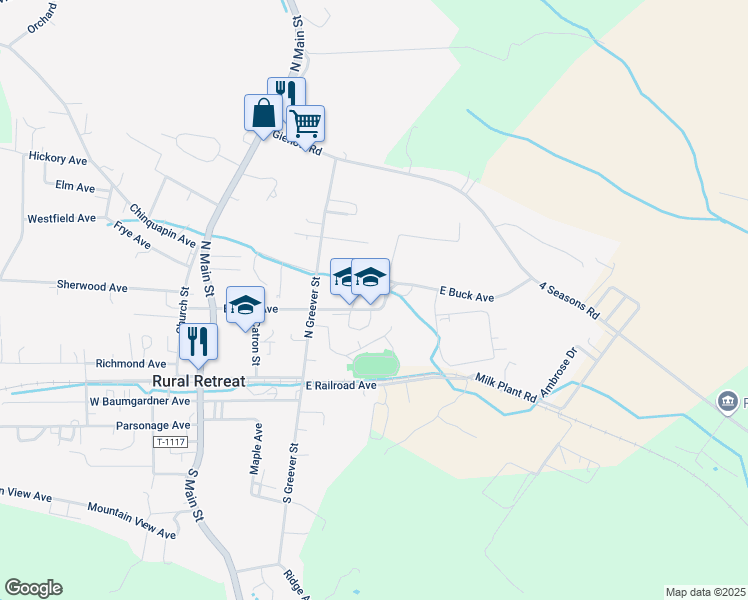 map of restaurants, bars, coffee shops, grocery stores, and more near East Buck Avenue in Rural Retreat