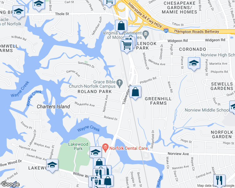 map of restaurants, bars, coffee shops, grocery stores, and more near 731 Muskogee Avenue in Norfolk