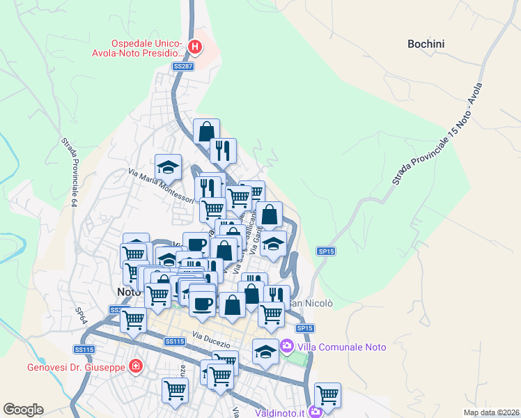 map of restaurants, bars, coffee shops, grocery stores, and more near 8 Vico Mentana in Noto