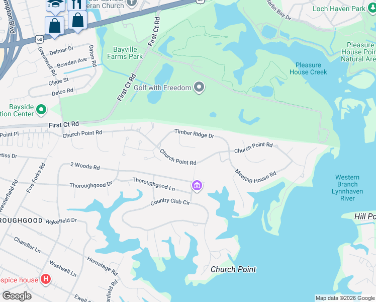 map of restaurants, bars, coffee shops, grocery stores, and more near 1716 Timber Ridge Court in Virginia Beach