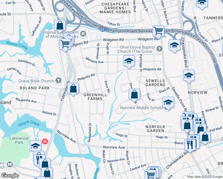map of restaurants, bars, coffee shops, grocery stores, and more near 933 Elon Court in Norfolk