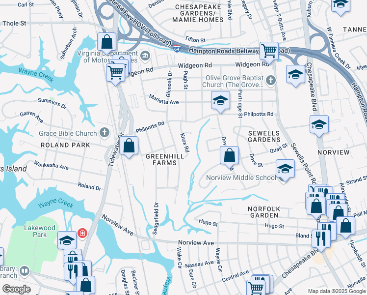 map of restaurants, bars, coffee shops, grocery stores, and more near 6376 Glenoak Drive in Norfolk