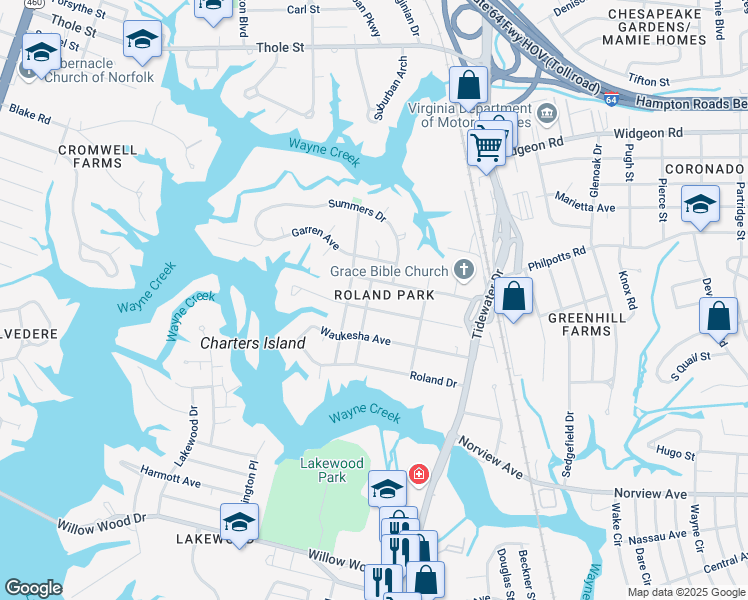 map of restaurants, bars, coffee shops, grocery stores, and more near 6344 Sangamon Avenue in Norfolk