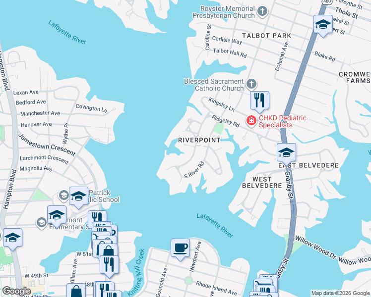 map of restaurants, bars, coffee shops, grocery stores, and more near 6041 River Road Point in Norfolk