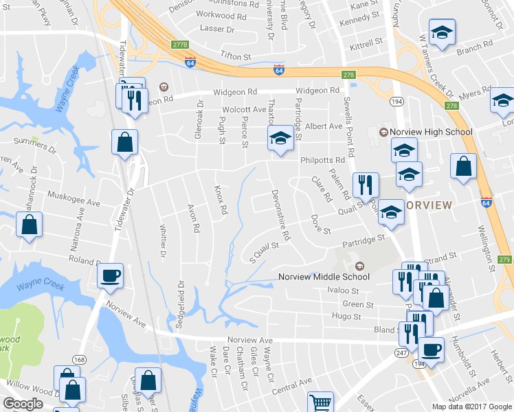 map of restaurants, bars, coffee shops, grocery stores, and more near 6446 Horton Circle in Norfolk