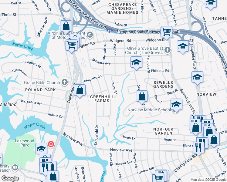 map of restaurants, bars, coffee shops, grocery stores, and more near 6376 Glenoak Drive in Norfolk