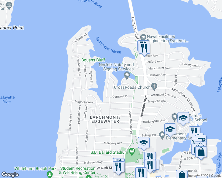 map of restaurants, bars, coffee shops, grocery stores, and more near 6025 Eastwood Terrace in Norfolk