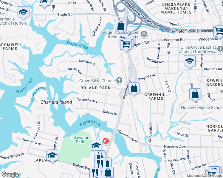 map of restaurants, bars, coffee shops, grocery stores, and more near 711 Muskogee Avenue in Norfolk