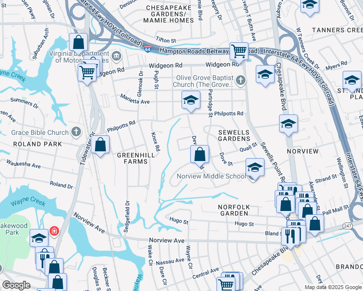 map of restaurants, bars, coffee shops, grocery stores, and more near 6446 Horton Circle in Norfolk