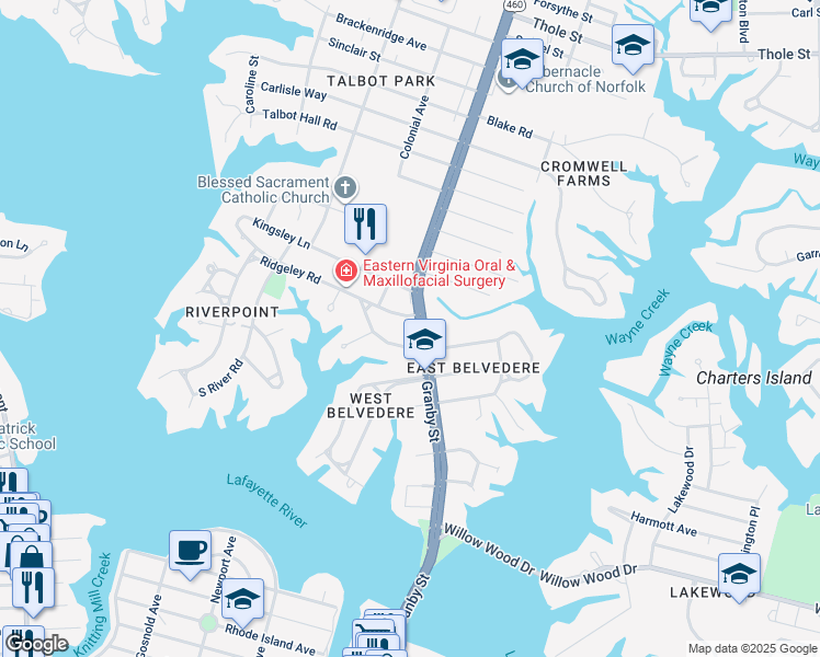 map of restaurants, bars, coffee shops, grocery stores, and more near 6108 Granby Street in Norfolk