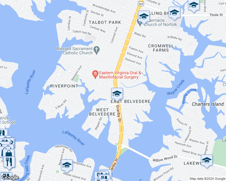 map of restaurants, bars, coffee shops, grocery stores, and more near 6105 Granby Street in Norfolk