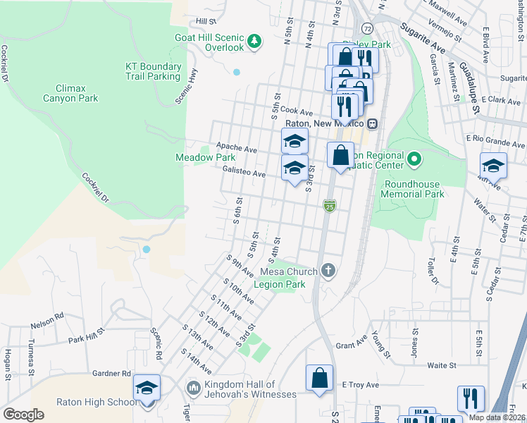 map of restaurants, bars, coffee shops, grocery stores, and more near 600-698 S 5th St in Raton