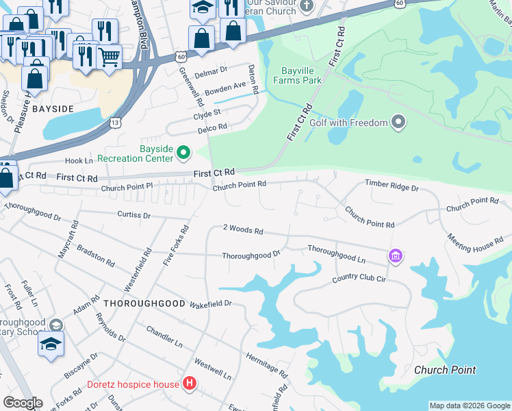 map of restaurants, bars, coffee shops, grocery stores, and more near 1721 Lower Church Court in Virginia Beach