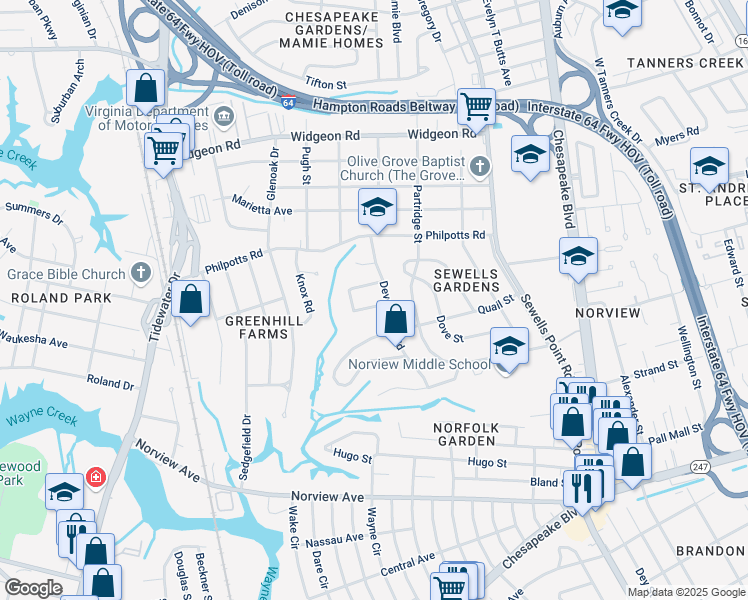 map of restaurants, bars, coffee shops, grocery stores, and more near 6460 Horton Circle in Norfolk