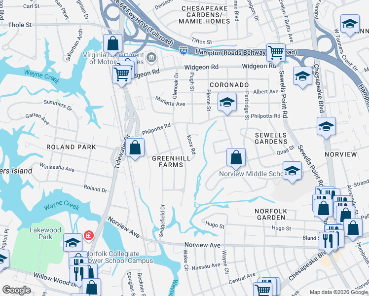 map of restaurants, bars, coffee shops, grocery stores, and more near 6376 Glenoak Drive in Norfolk