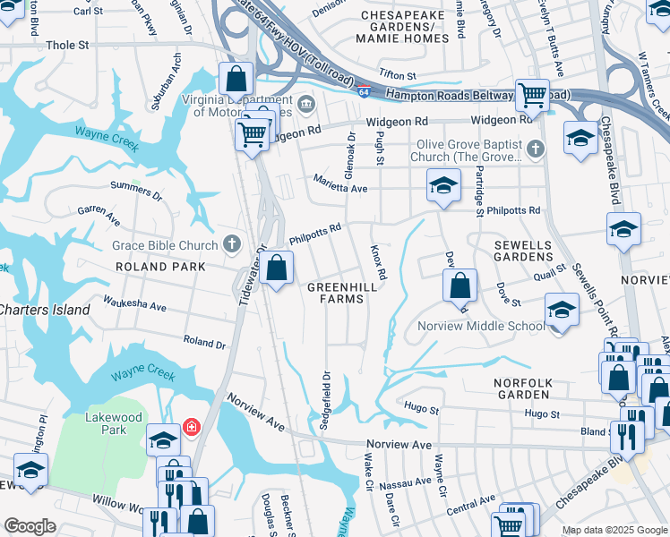 map of restaurants, bars, coffee shops, grocery stores, and more near 6407 Avon Road in Norfolk