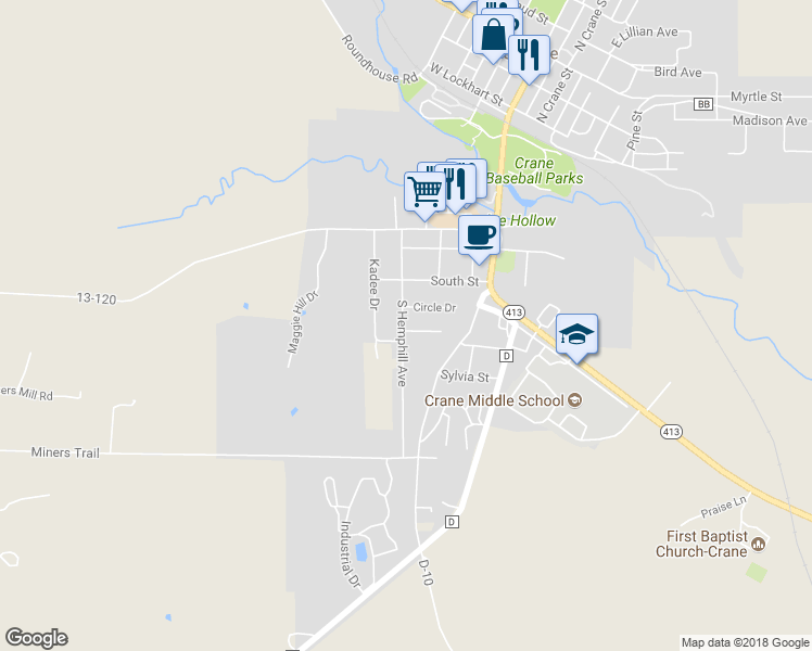 map of restaurants, bars, coffee shops, grocery stores, and more near 209 Bel Aire Court in Crane