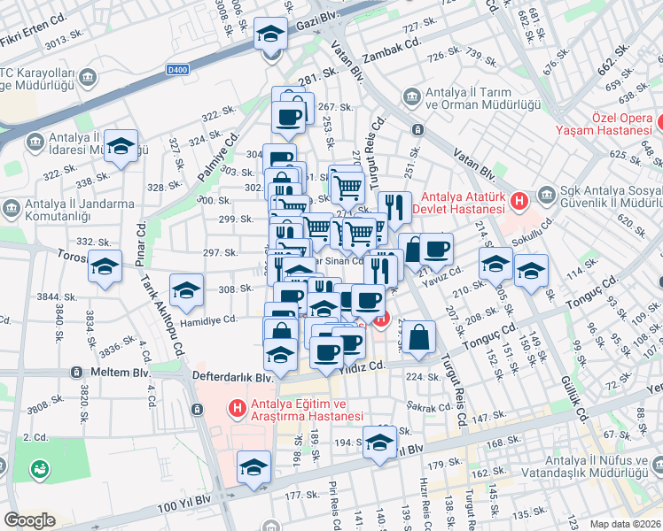 map of restaurants, bars, coffee shops, grocery stores, and more near 1 243. Sokak in Muratpaşa