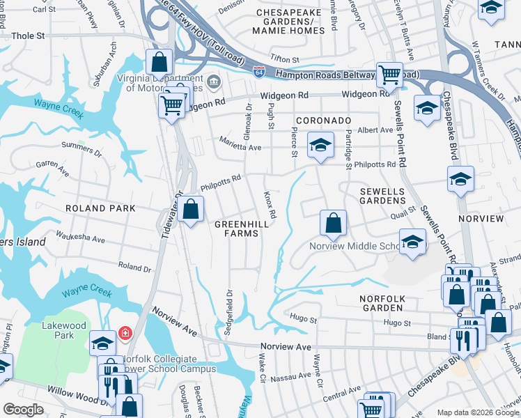map of restaurants, bars, coffee shops, grocery stores, and more near 6376 Glenoak Drive in Norfolk