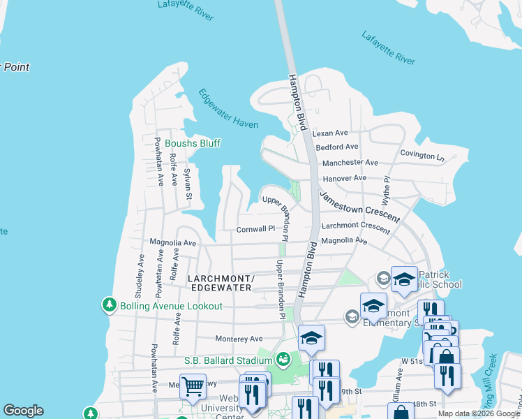 map of restaurants, bars, coffee shops, grocery stores, and more near 1322 Sussex Place in Norfolk