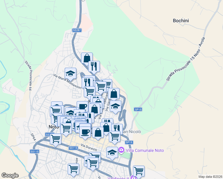 map of restaurants, bars, coffee shops, grocery stores, and more near 8 Vico Mentana in Noto