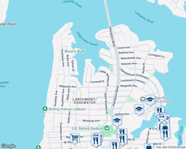 map of restaurants, bars, coffee shops, grocery stores, and more near 6030 Eastwood Terrace in Norfolk