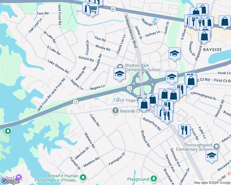 map of restaurants, bars, coffee shops, grocery stores, and more near 5001 Bardith Circle in Virginia Beach