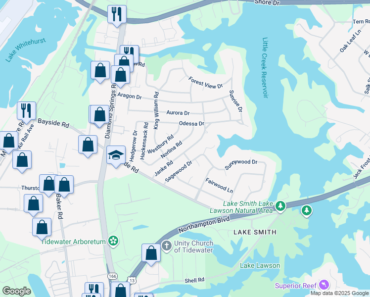 map of restaurants, bars, coffee shops, grocery stores, and more near 1605 Janke Road in Virginia Beach