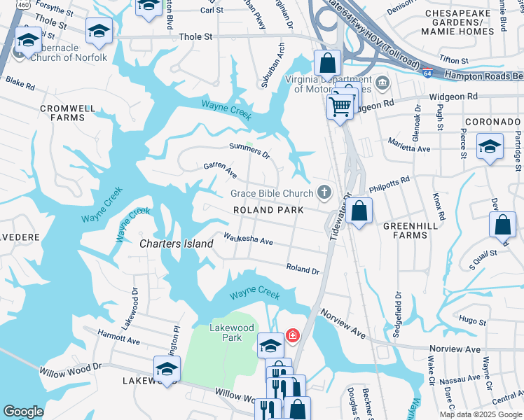 map of restaurants, bars, coffee shops, grocery stores, and more near 6340 Sangamon Avenue in Norfolk