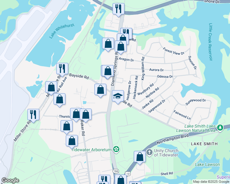 map of restaurants, bars, coffee shops, grocery stores, and more near 1560 Diamond Springs Road in Virginia Beach