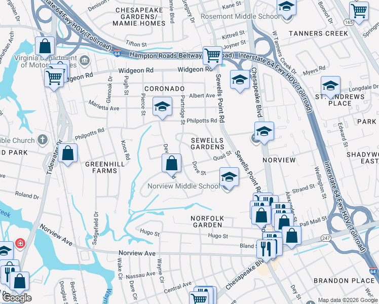 map of restaurants, bars, coffee shops, grocery stores, and more near 6429 Dove Street in Norfolk