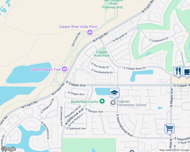 map of restaurants, bars, coffee shops, grocery stores, and more near 1287 East Via Azzurra Way in Fresno