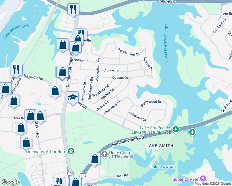 map of restaurants, bars, coffee shops, grocery stores, and more near 1605 Janke Road in Virginia Beach