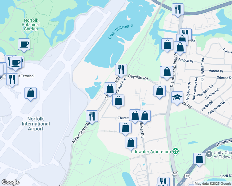 map of restaurants, bars, coffee shops, grocery stores, and more near 1436 Air Rail Avenue in Virginia Beach