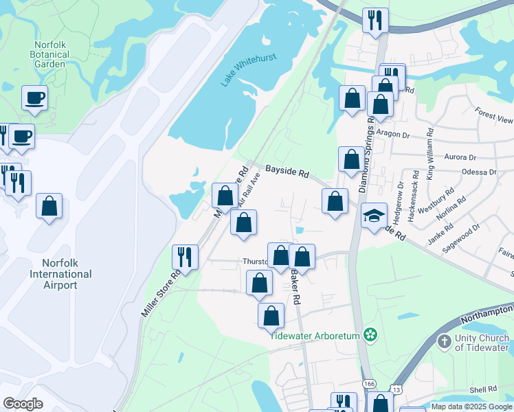 map of restaurants, bars, coffee shops, grocery stores, and more near 1436 Air Rail Avenue in Virginia Beach