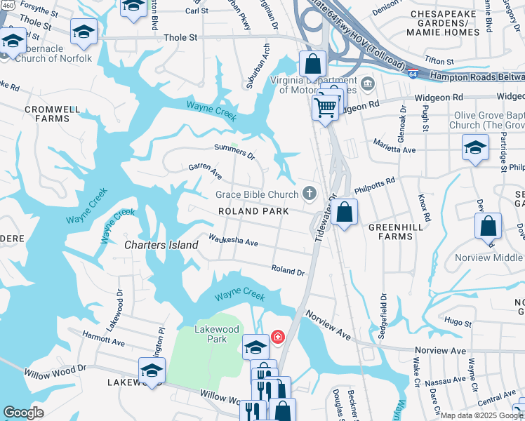 map of restaurants, bars, coffee shops, grocery stores, and more near 635 Muskogee Avenue in Norfolk