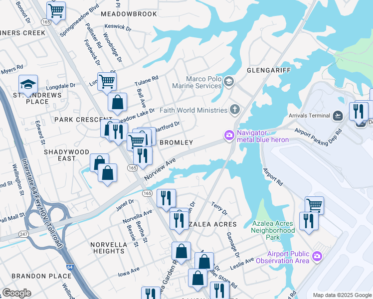 map of restaurants, bars, coffee shops, grocery stores, and more near 1828 Norview Avenue in Norfolk