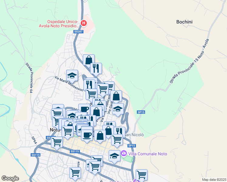map of restaurants, bars, coffee shops, grocery stores, and more near 8 Vico Mentana in Noto