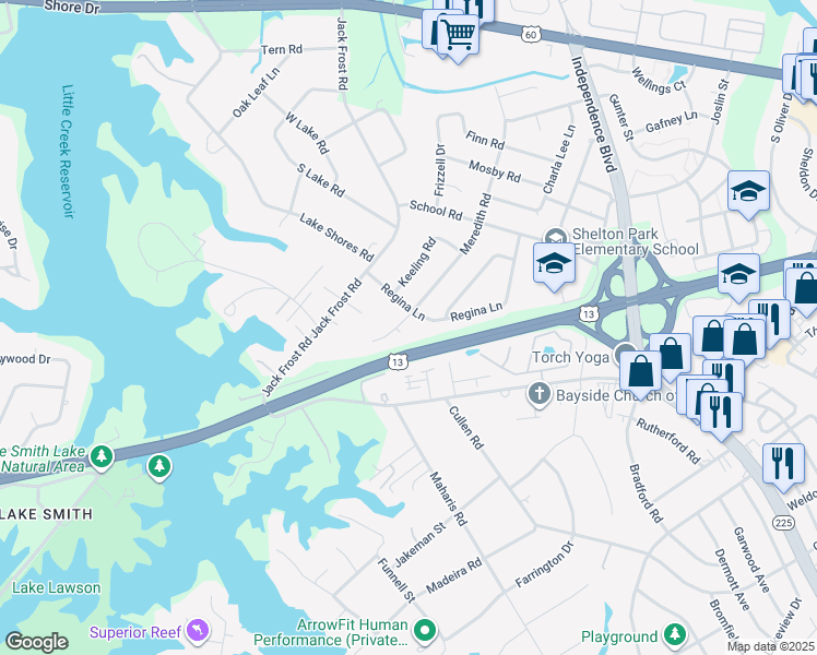 map of restaurants, bars, coffee shops, grocery stores, and more near 1695 Meredith Road in Virginia Beach