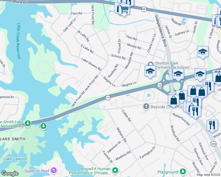 map of restaurants, bars, coffee shops, grocery stores, and more near 1695 Meredith Road in Virginia Beach