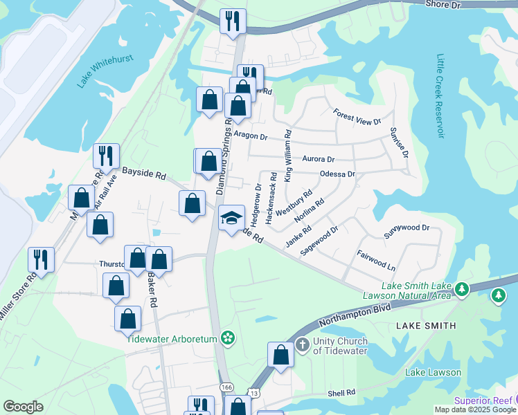 map of restaurants, bars, coffee shops, grocery stores, and more near 1505 Hackensack Road in Virginia Beach