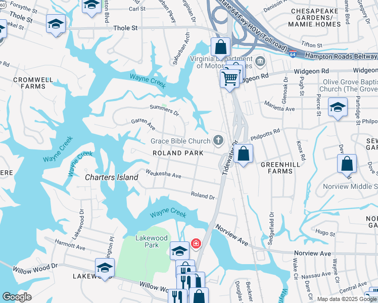 map of restaurants, bars, coffee shops, grocery stores, and more near 635 Muskogee Avenue in Norfolk