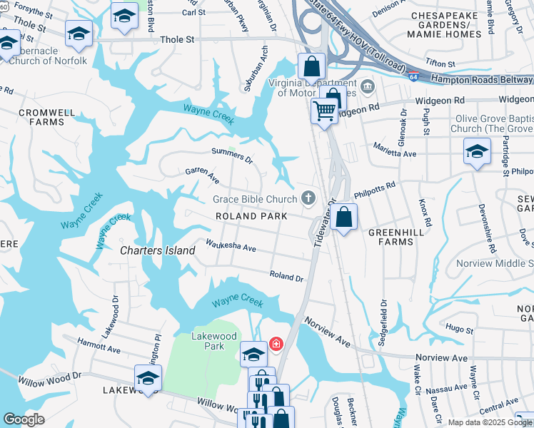 map of restaurants, bars, coffee shops, grocery stores, and more near 635 Muskogee Avenue in Norfolk