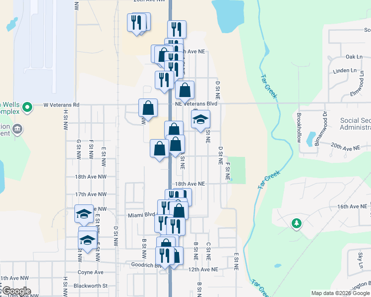 map of restaurants, bars, coffee shops, grocery stores, and more near 1901-1999 A Street Northeast in Miami
