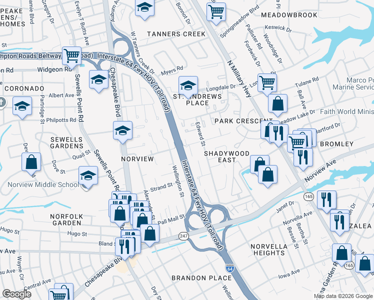 map of restaurants, bars, coffee shops, grocery stores, and more near 1333 Picadilly Street in Norfolk