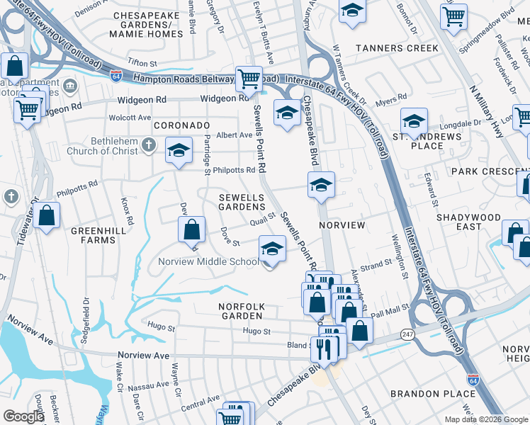 map of restaurants, bars, coffee shops, grocery stores, and more near 6406 Palem Road in Norfolk