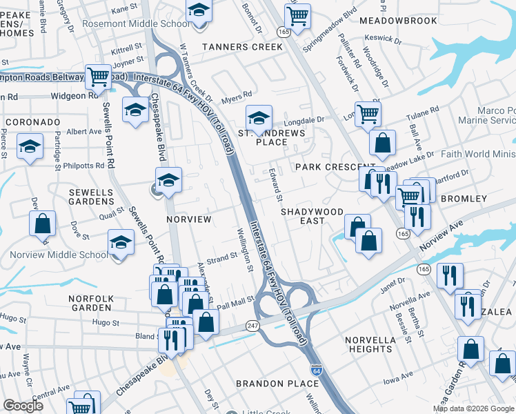 map of restaurants, bars, coffee shops, grocery stores, and more near 6361 Trafalgar Court in Norfolk
