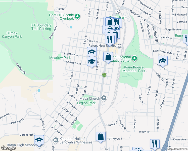 map of restaurants, bars, coffee shops, grocery stores, and more near 600 South 3rd Street in Raton
