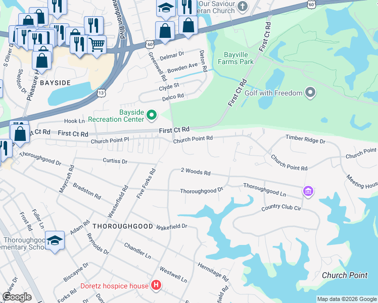 map of restaurants, bars, coffee shops, grocery stores, and more near 1712 Hungers Parish Court in Virginia Beach